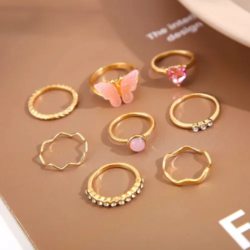 Rhinestone Heart Butterfly Wave Knuckle Ring Set (8 pcs)
